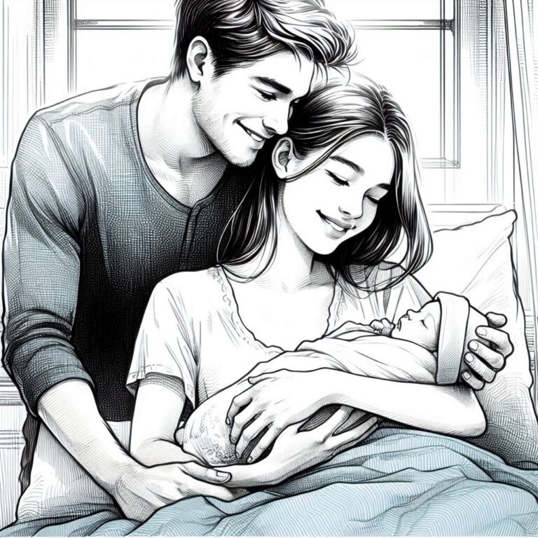 A heartwarming scene of new parents, one gently holding a newborn baby, both smiling contentedly in a softly lit room, suggesting a peaceful maternity/paternity leave, detailed hand-drawn sketch style, line art, monochrome with optional subtle watercolor accents like a soft blue blanket.