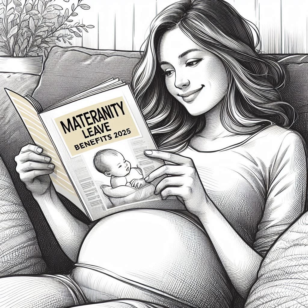 2025년 출산휴가 급여 완벽정리: 신청 방법부터 지급액, 필수 꿀팁까지! 3 A pregnant woman with a gentle smile, looking at a brochure titled 'Maternity Leave Benefits Guide 2025' on a cozy sofa, detailed hand-drawn sketch style, line art, monochrome with optional subtle watercolor accents of soft pink or yellow.