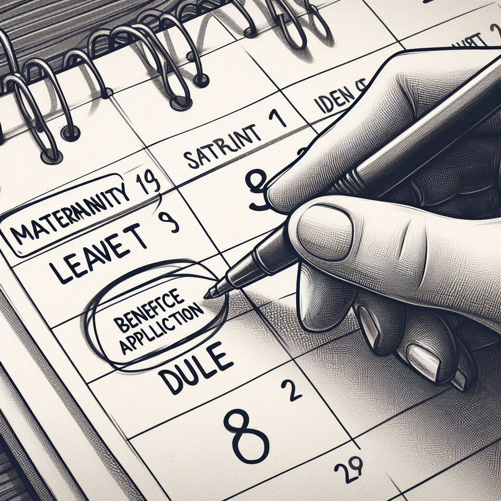 2025년 출산휴가 급여 완벽정리: 신청 방법부터 지급액, 필수 꿀팁까지! 5 A close-up of a hand circling dates on a calendar, marking 'Maternity Leave Start' and 'Benefit Application Due', with a pen, detailed hand-drawn sketch style, line art, monochrome with optional subtle watercolor accents on the circled dates.