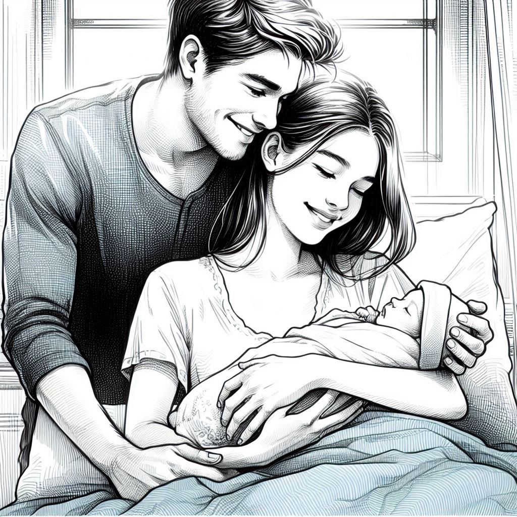 A heartwarming scene of new parents, one gently holding a newborn baby, both smiling contentedly in a softly lit room, suggesting a peaceful maternity/paternity leave, detailed hand-drawn sketch style, line art, monochrome with optional subtle watercolor accents like a soft blue blanket.